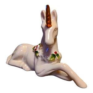 VINTAGE Unicorn with Gold Horn & Mistletoe around neck. Fine bone chi…